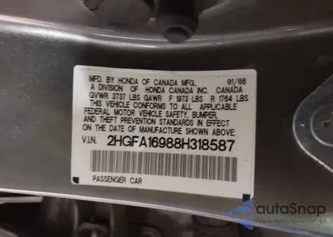 2008 Honda Civic Ex-L from USA, damaged, VIN 2HGFA16988H318587